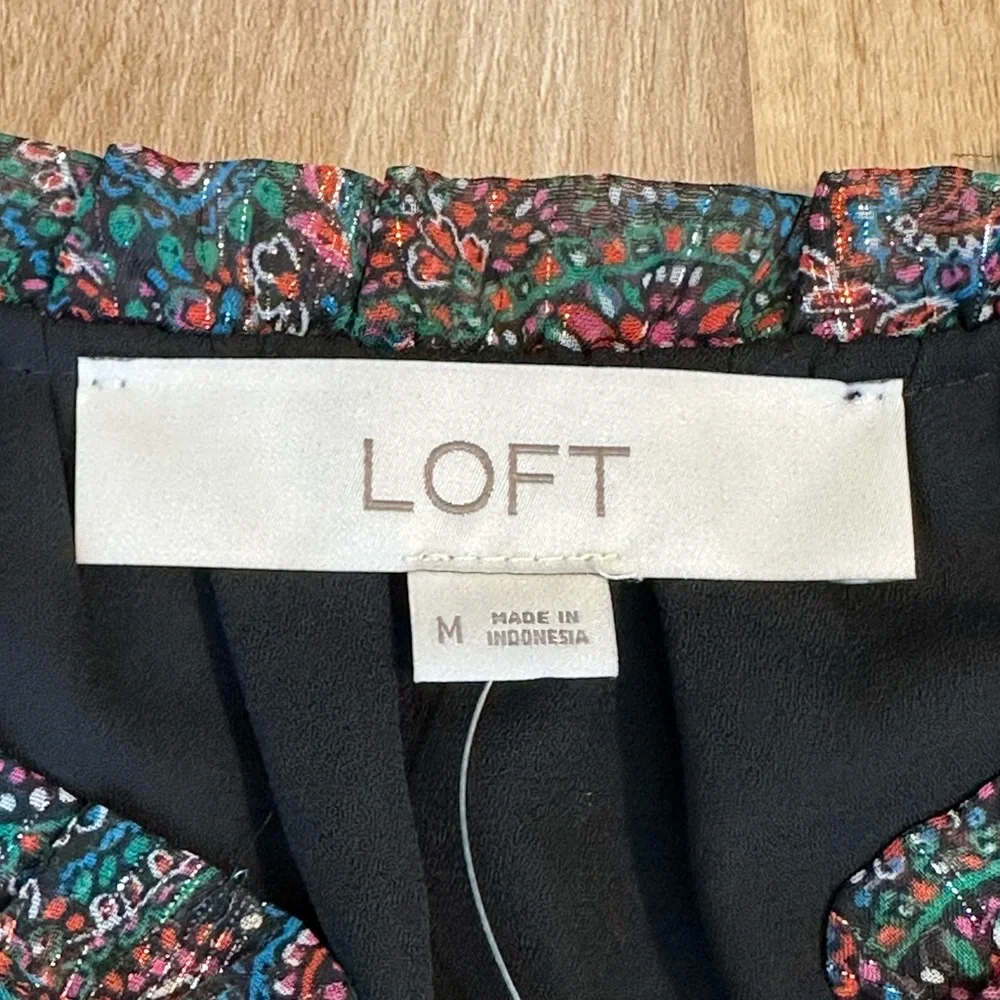 LOFT Women's Multicolor Shimmer Paisley Smocked Ruffle Tie Neck Blouse Sz M - Picture 9 of 13